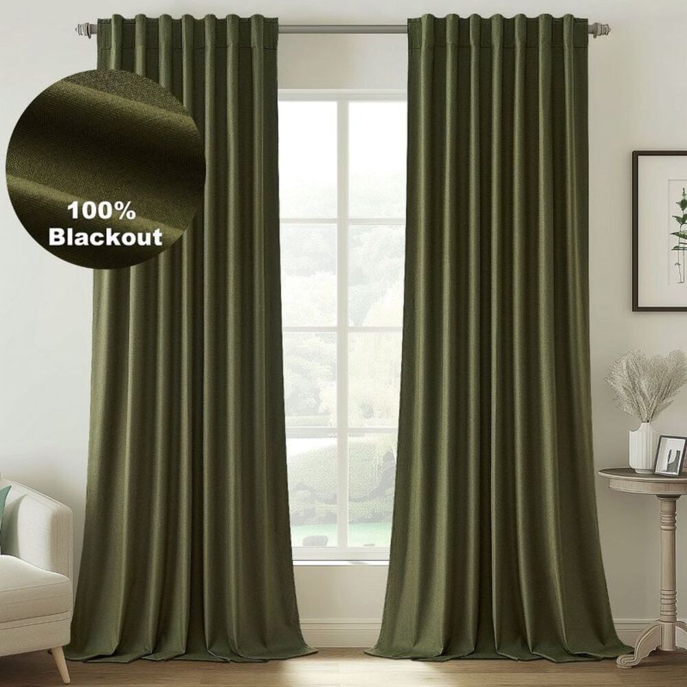 2pk 84" Blackout Flax Linen Blend Window Curtain Panels - Olive Green